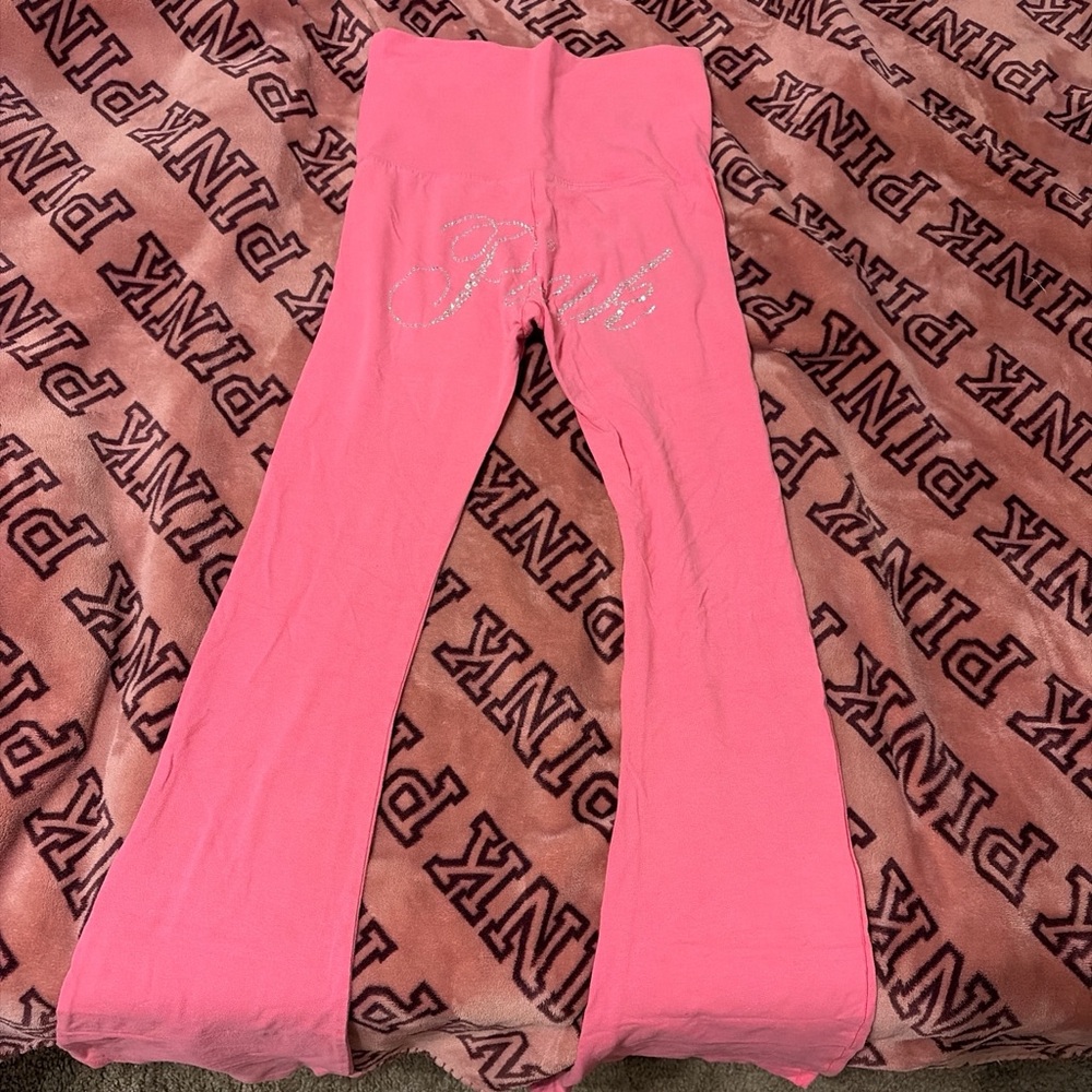 Pink Flare Leggings with Rhinestone Detail